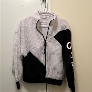 GUESS Black & White Mesh Zip-Up Bomber Jacket